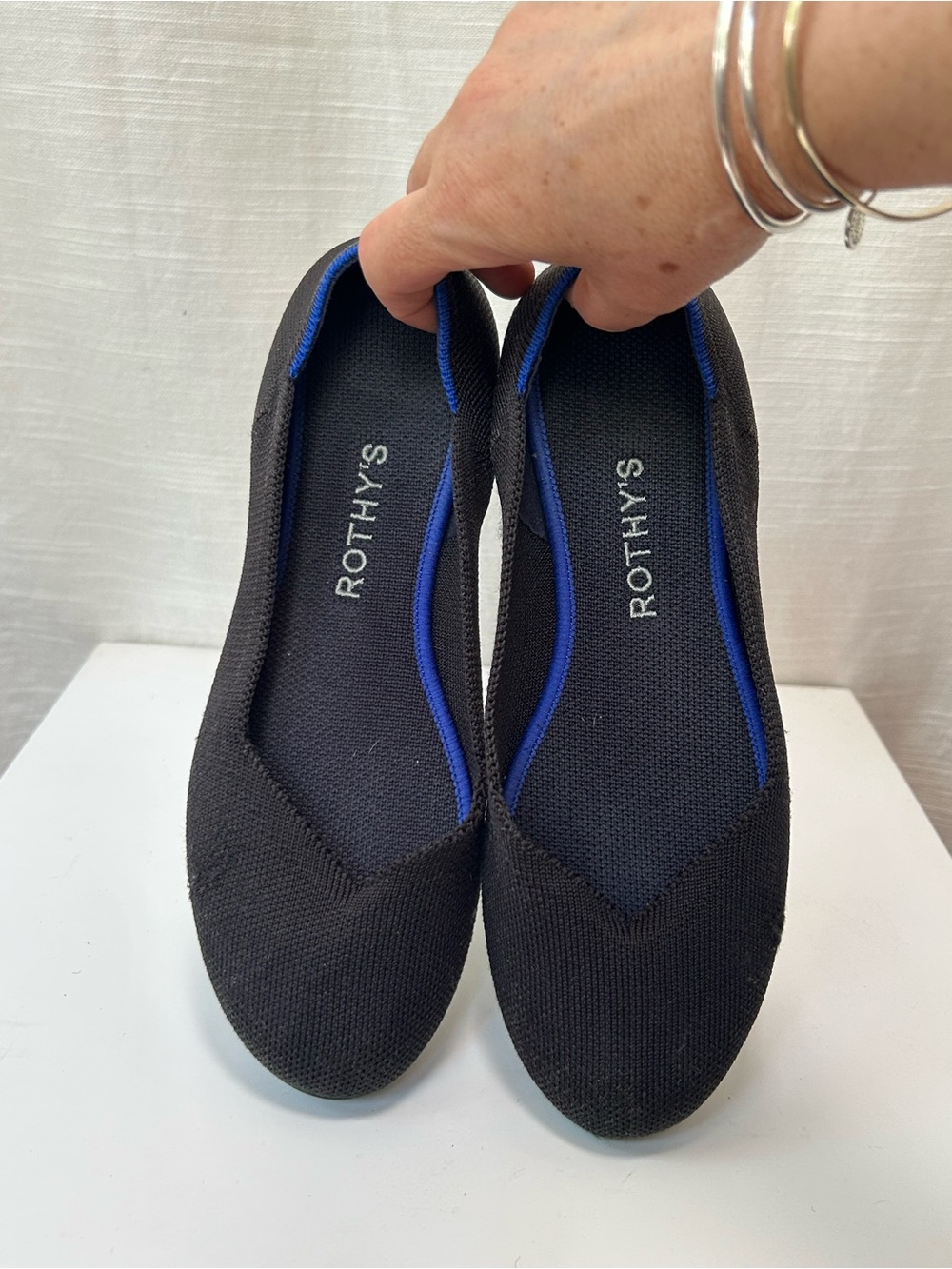 Rothy's Black Round Toe Ballet Flats with Blue Trim - Washable